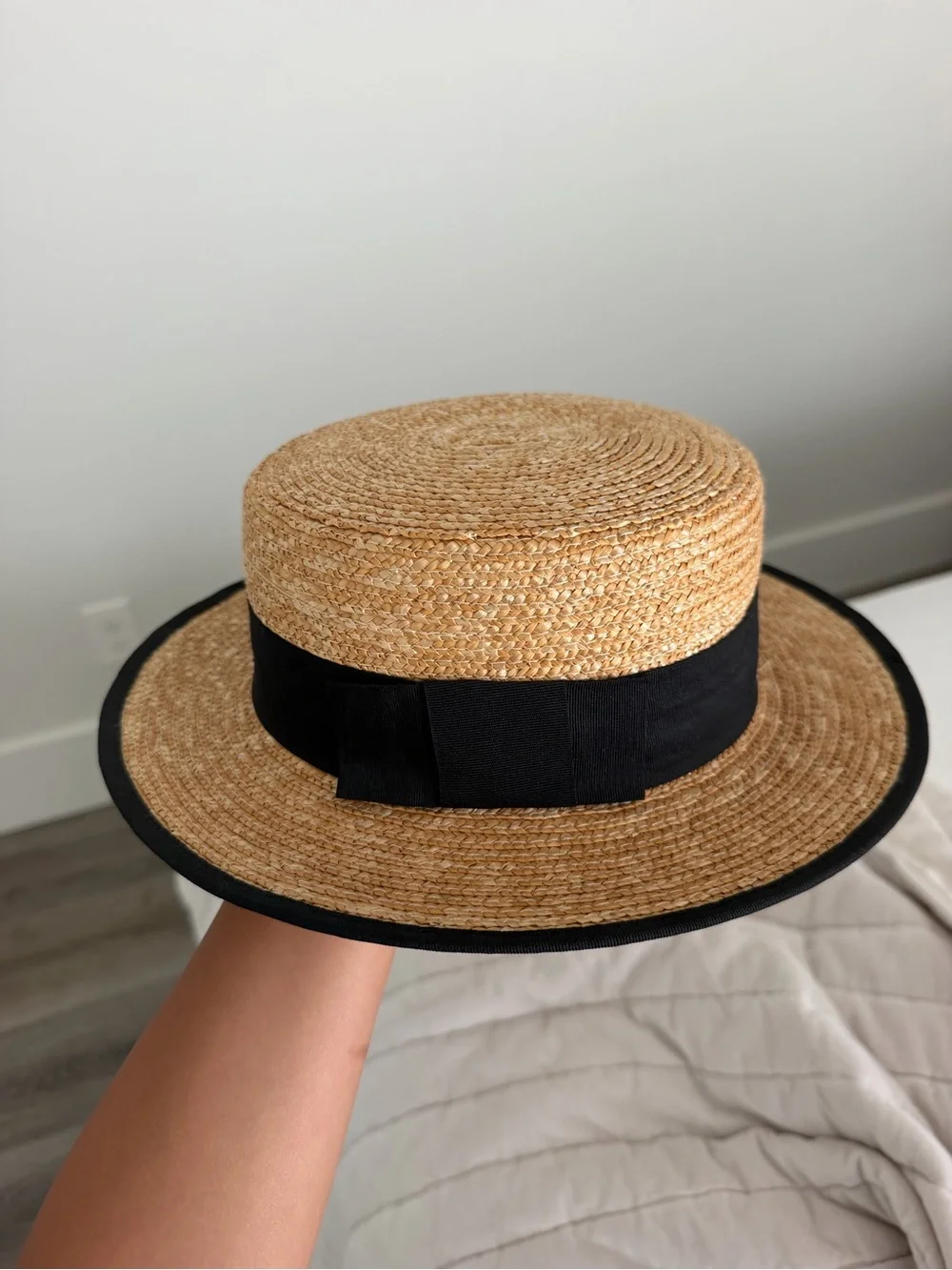Girls Zara Tan Straw Boater Hat with Black Band